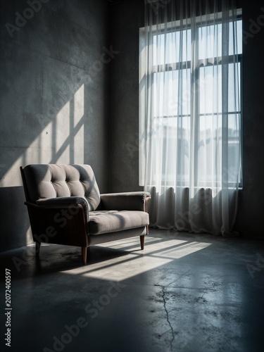 Modern Grey Armchair in Minimalist Industrial Room with Sunlight and Shadow