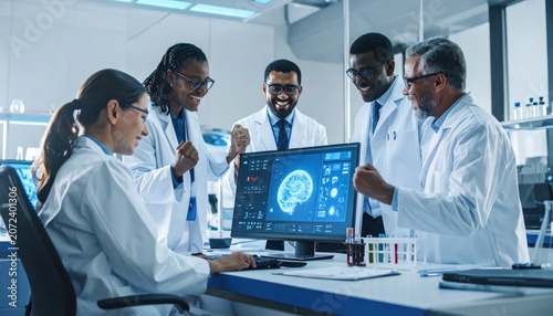 Diverse Team of Scientists Excitedly Analyze Brain Scan Data on Computer Screen in Modern Laboratory
