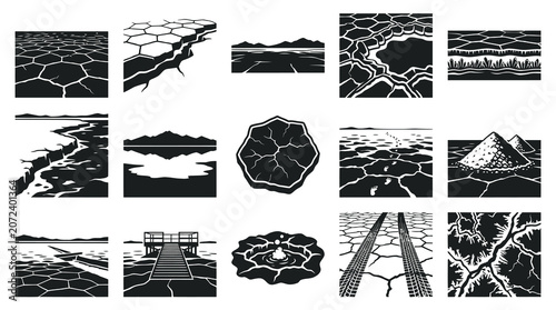 Cracked Earth and Desolation Vector Icons: Drought, Dryness, Arid Landscapes