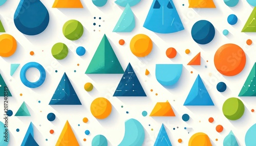 Dynamic composition of colorful 3D geometric shapes on white.