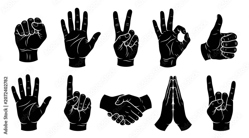 Fototapeta premium Black and White Silhouette Hand Gestures Icons Collection, Vector Art