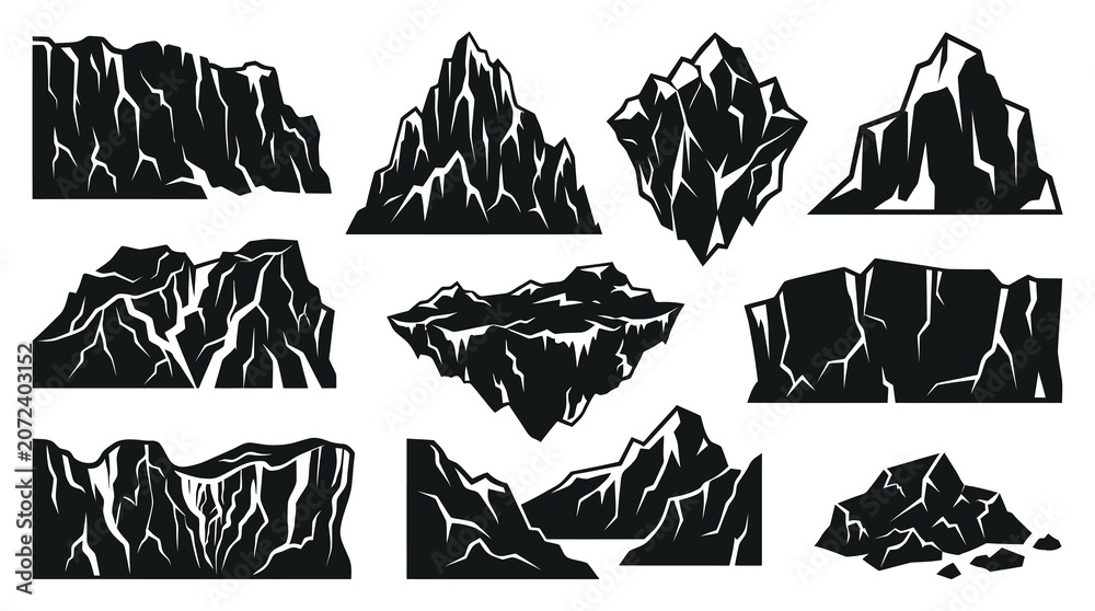 Fototapeta premium Black White Vector Illustrations of Jagged Mountain Peaks, Rocks, and Cliffs