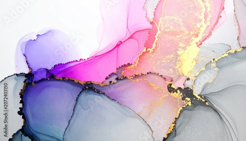Grey and pink alcohol ink art with gold accents