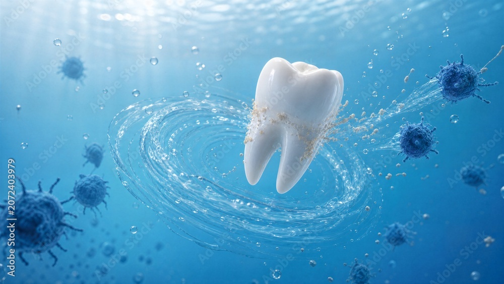 Obraz premium Dental health protection: a healthy tooth is surrounded by a cleansing water vortex, fighting off dark microorganisms and bacteria, promoting oral hygiene and clean feeling