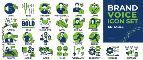 Foto Brand Voice Icon Set: Communication Styles, Tone, Personality, and Messaging