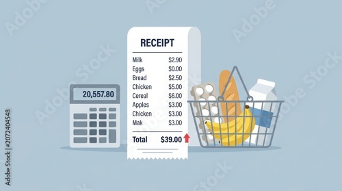 Shopping receipt with fresh vegetables in grocery basket on white background minimalist flat lay