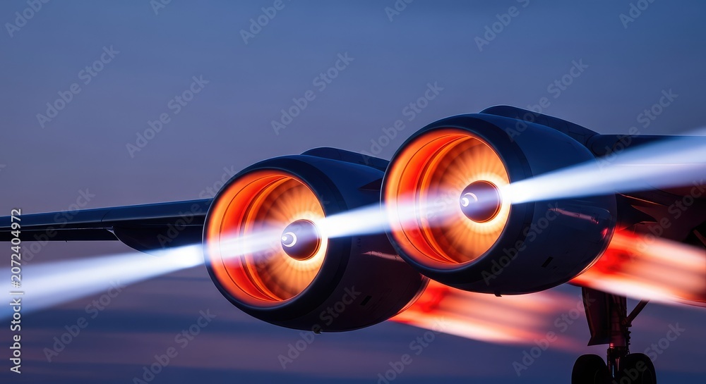 Fototapeta premium Powerful jet engines emit swirling exhaust and bright light beams, capturing dynamic motion blur during a fast takeoff at deep twilight, transportation, blue, turbine