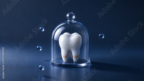 Protected Tooth: A pristine tooth, encased in a protective glass dome, symbolizes oral hygiene and dental care against a deep blue background with scattered water droplets.
