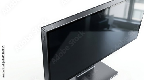 Blank black computer monitor turned off on white desk in minimalist office interior