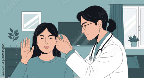 Doctor performing ear examination on a patient, medical checkup illustration