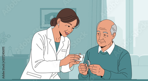 Doctor showing hearing aid to elderly patient in clinic