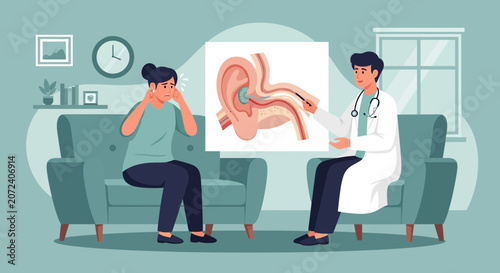 Doctor showing ear anatomy to patient with hearing discomfort illustration