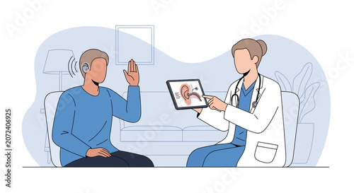Doctor showing hearing aid diagram to patient with hearing loss