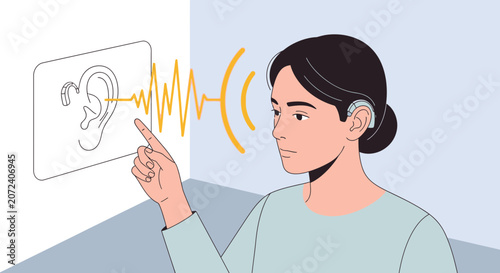 Human hand touches screen with ear illustration and hearing aid signal wave