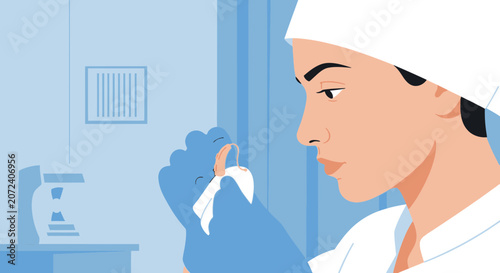Medical Professional Examining Sample with Tweezers in Laboratory Setting