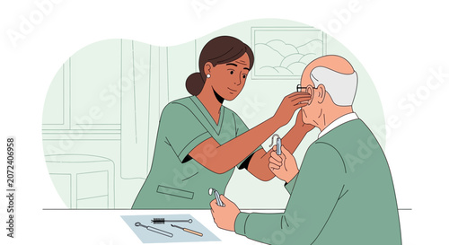 Nurse examining elderly man's eye during medical examination