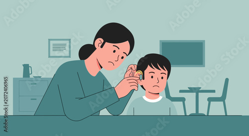 Mother cleaning child's ear with cotton swab, health care, hygiene concept