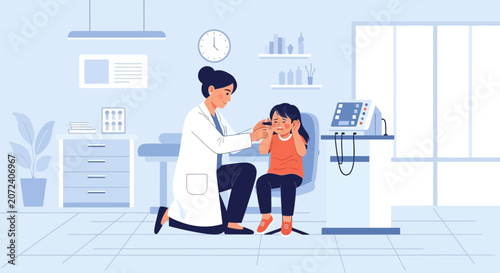 Pediatrician examining child's ear in clinic, healthcare checkup illustration