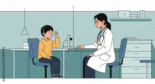 Pediatrician examines young girl's arm in clinic examination room