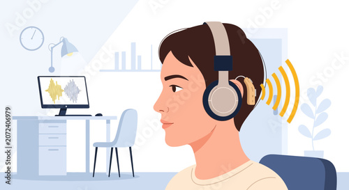 Person with headphones and hearing aid, audio analysis on computer screen