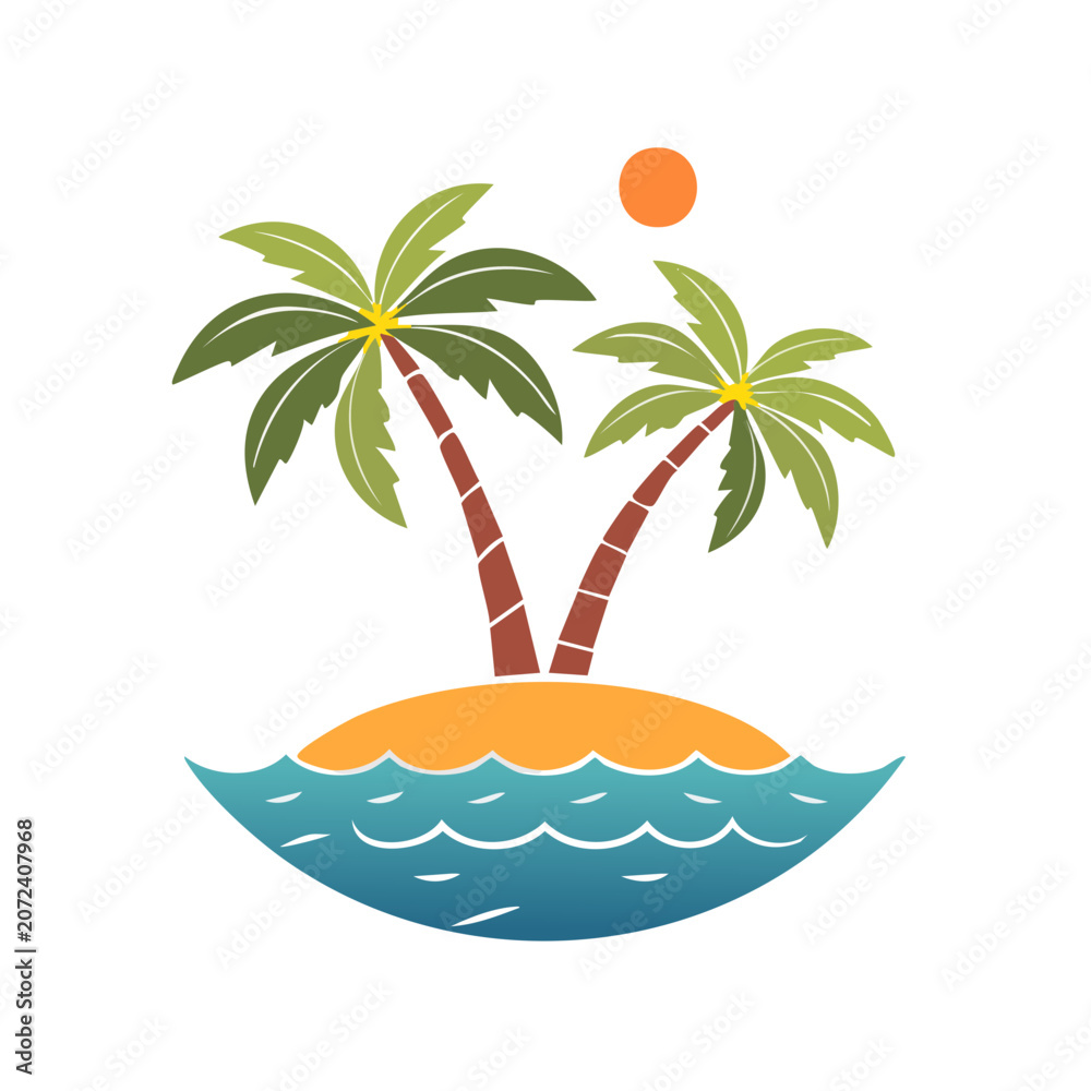 Fototapeta premium Tropical island with palm trees and sun vector illustration