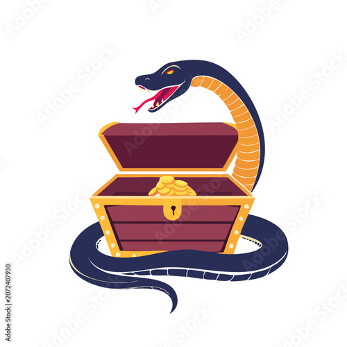 Snake Guarding Open Treasure Chest with Gold Coins