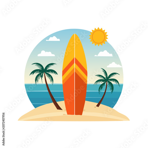 Tropical beach scene with surfboard and palm trees