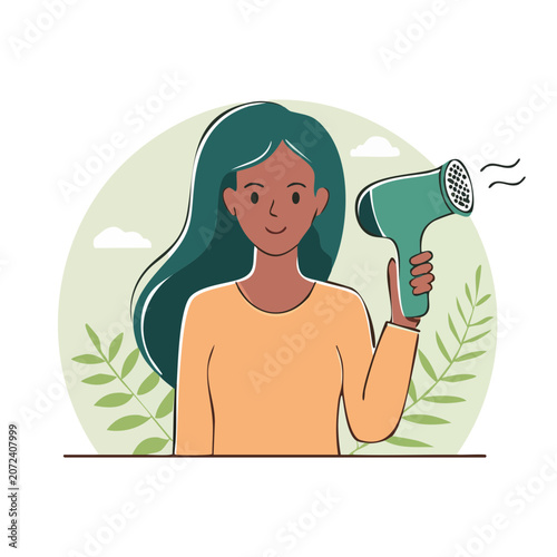 Woman holding hair dryer in flat illustration style