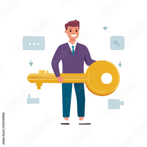Businessman holding giant golden key illustration