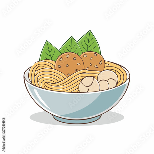 Bowl of Noodles with Meatballs and Greens