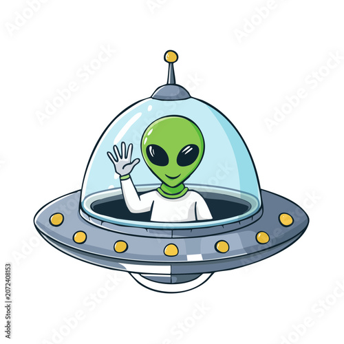 Cartoon alien waving from a UFO