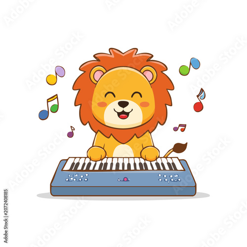 Cartoon lion playing keyboard with music notes
