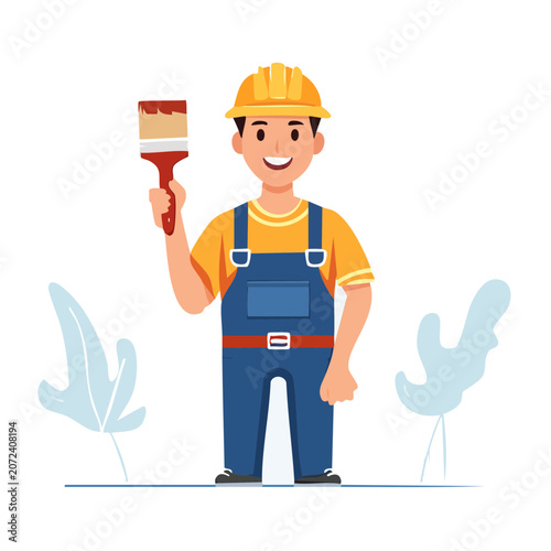 Cartoon Painter Holding Paintbrush in Construction Gear