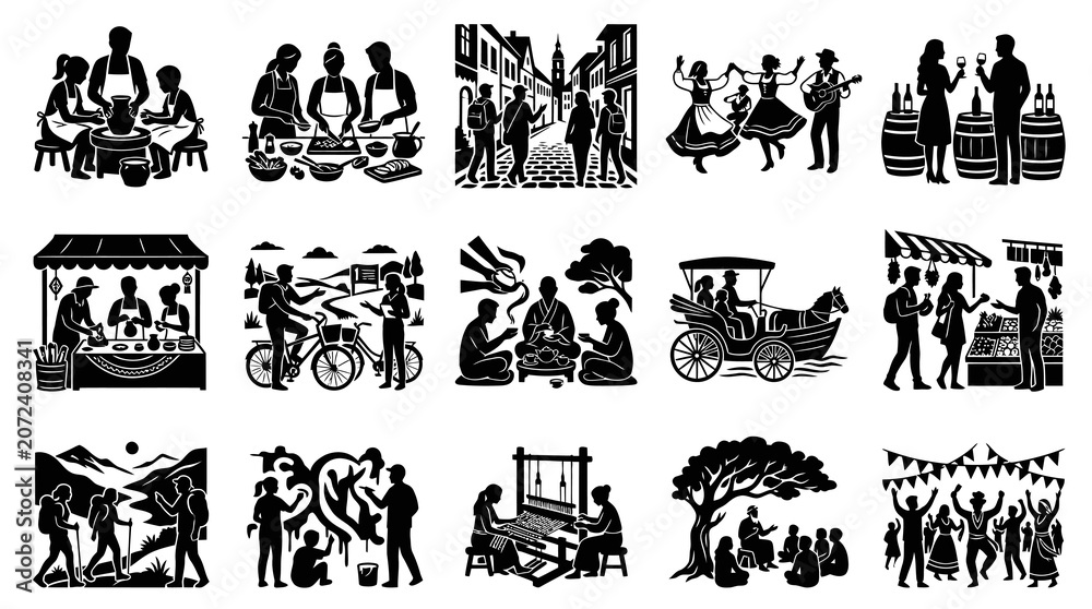 Fototapeta premium Black and White Silhouette Vector Set: Culture, Lifestyle, Travel, and Traditional Craft Activities
