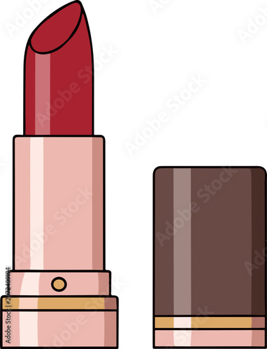 Classic Red Lipstick Tube and Cap Isolated on White Background