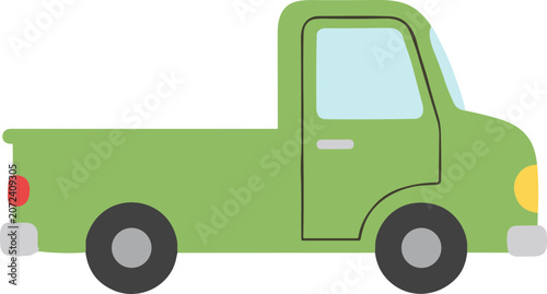 Cute Green Cartoon Pickup Truck Isolated on White Background