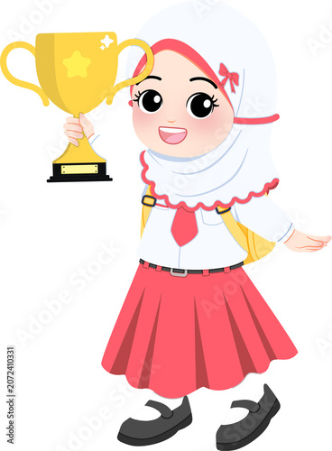 Billede på lærred A cheerful young student girl proudly celebrates her academic success, holding a
