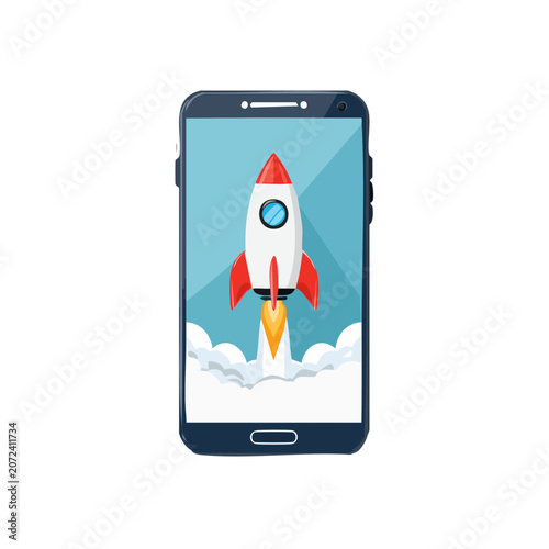 Smartphone displaying rocket launch flat vector illustration