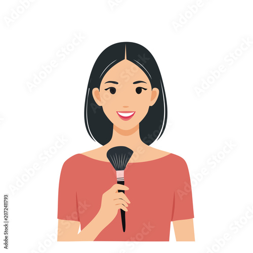 Woman holding makeup brush flat vector illustration