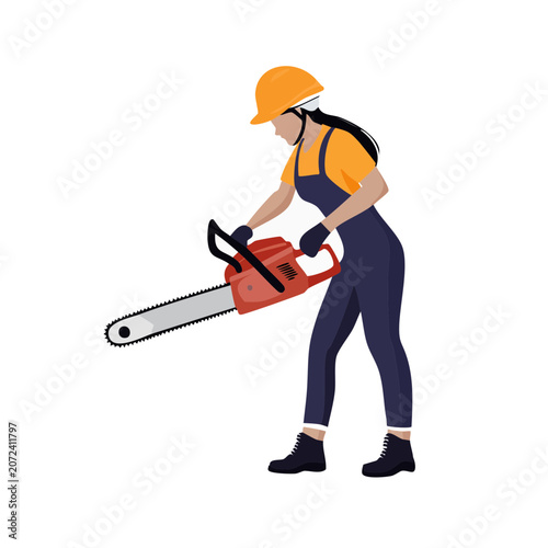 Woman construction worker with chainsaw flat vector illustration