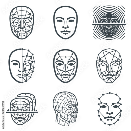 Minimalist vector illustration set of facial recognition biometrics and digital face mesh icons