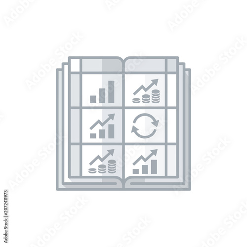 Financial Analysis Report Book Icon Featuring Statistical Data Charts and Business Growth Graphs