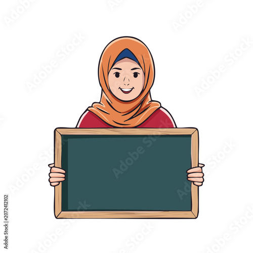 Woman in hijab holding blank chalkboard illustration