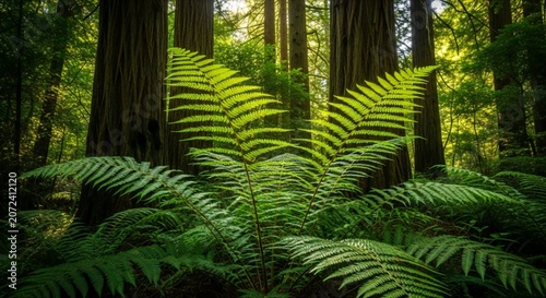 A serene forest scene featuring lush green ferns and towering trees with sunlight filtering through the foliage in a natural environment