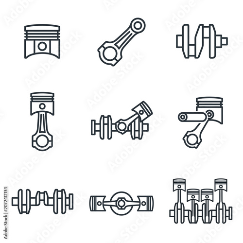 Minimalist Internal Combustion Engine Piston and Crankshaft Component Icons Set