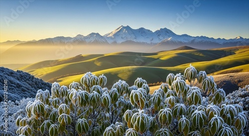 Frosty morning landscape with snowcovered plants and rolling hills in new zealand countryside with mountains in the background at sunrise