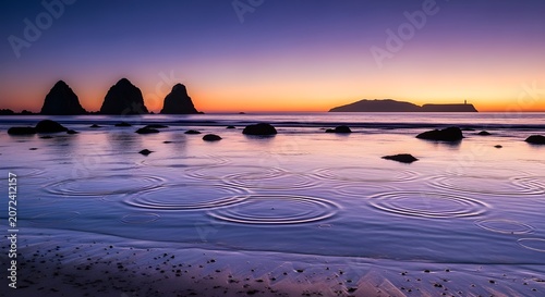 Serene beach scene at sunset with ripples in the sand and rocks in the distance on a peaceful shoreline