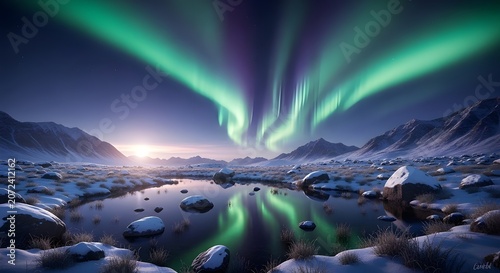 Aurora borealis display over snow covered landscape with mountain range and reflective pond at sunrise or sunset