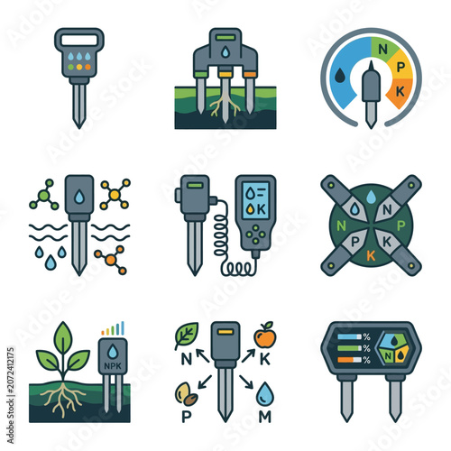 Soil Nutrient Monitoring Sensor Icons Set for Precision Agriculture and Farming Technology