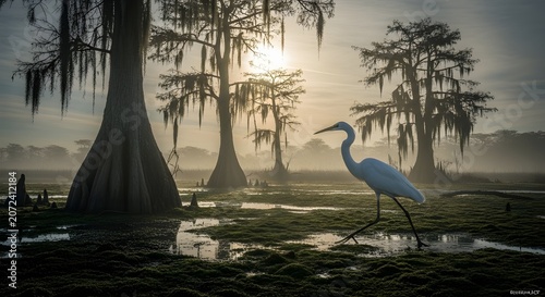 A serene landscape of a white heron walking through a misty swampy wetland with moss covered trees and a beautiful sunrise in the background